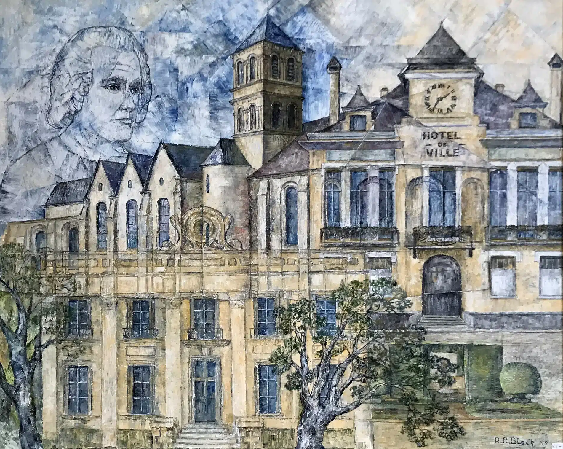 Raymond-René BLOC'H (1911- 2001) "L'Hôtel de Ville et Jean- Jacques Rousseau" 1992